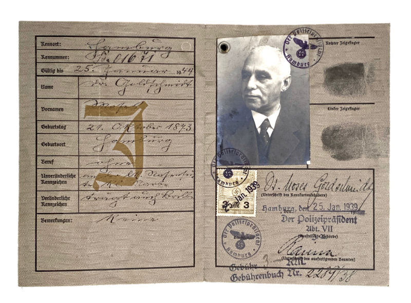 Documento de identidad de Moses Goldschmidt expedido por el presidente de la Policía Hamburgo, el 25 de enero de 1939. Archivo privado de Érico Goldschmidt y Fernando Goldschmidt, Porto Alegre / BR. Cortesía.